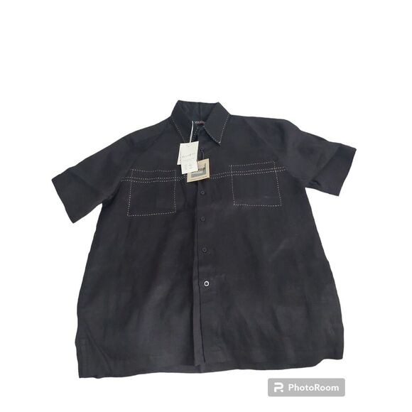 Venezzi 100% Linen Mens M Short Sleeved Button Up  Black‎ W/beige Stitching - Picture 1 of 8